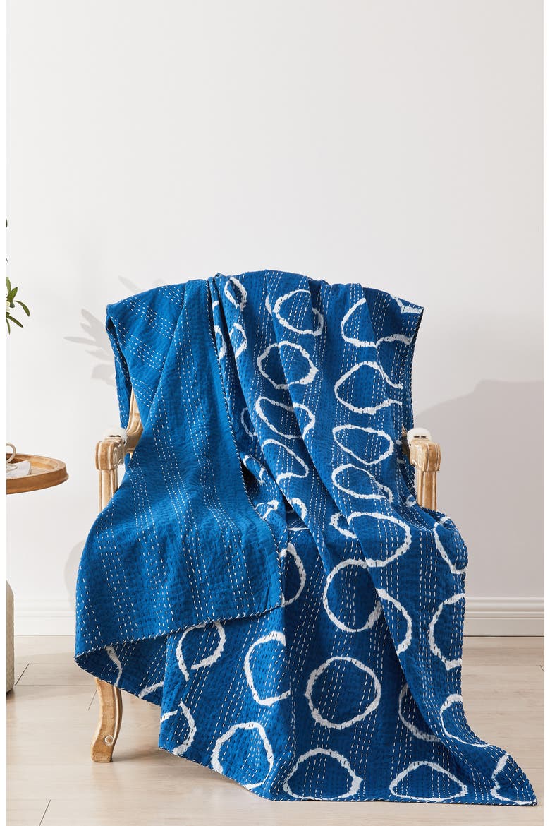 Circles Kantha Cotton Throw Blanket, Alternate, color, INDIGO