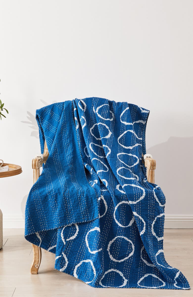 MELANGE HOME Circles Kantha Cotton Throw Blanket, Alternate, color, Indigo