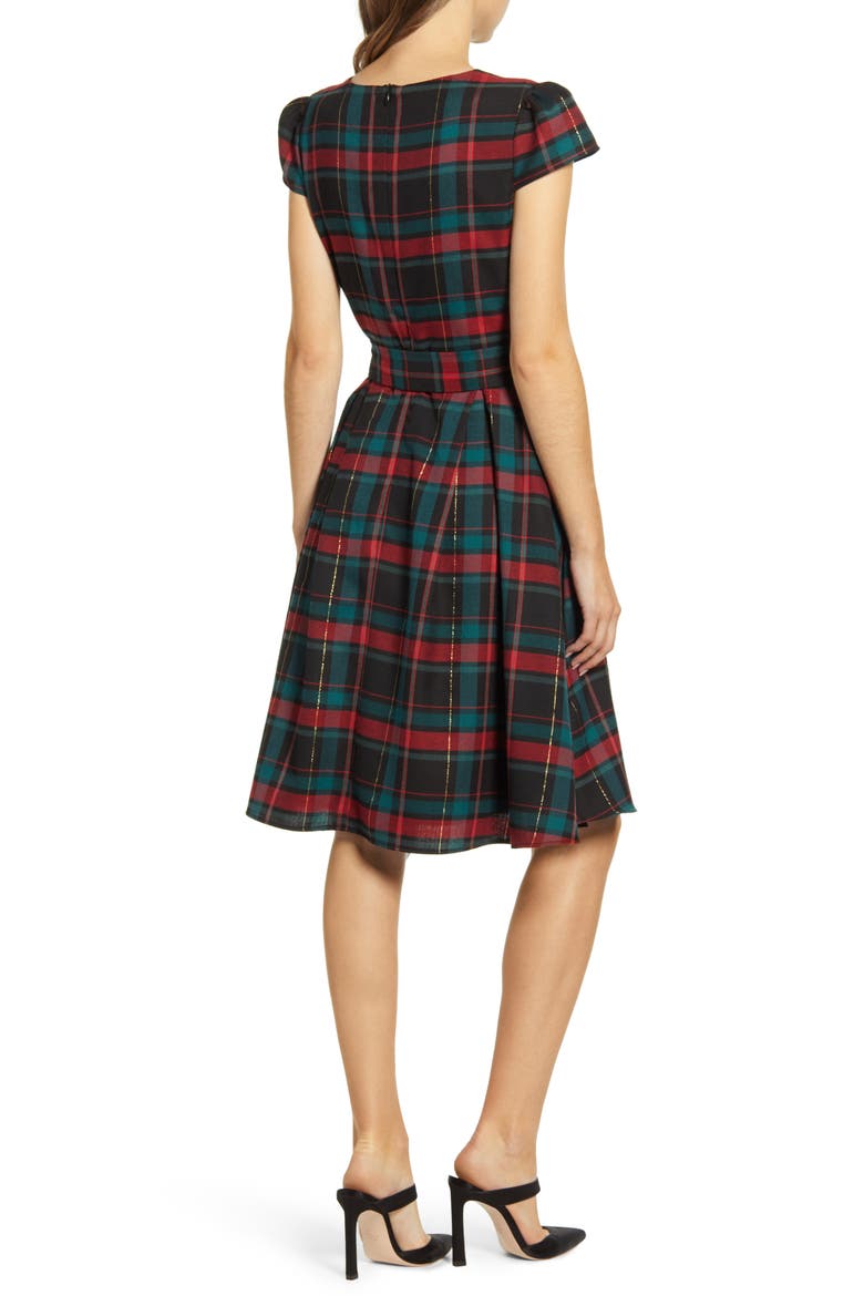 Gibson x Hi Sugarplum! Holiday Joyeux Cap Sleeve Fit & Flare Dress, Alternate, color, CLOCHETTE PLAID