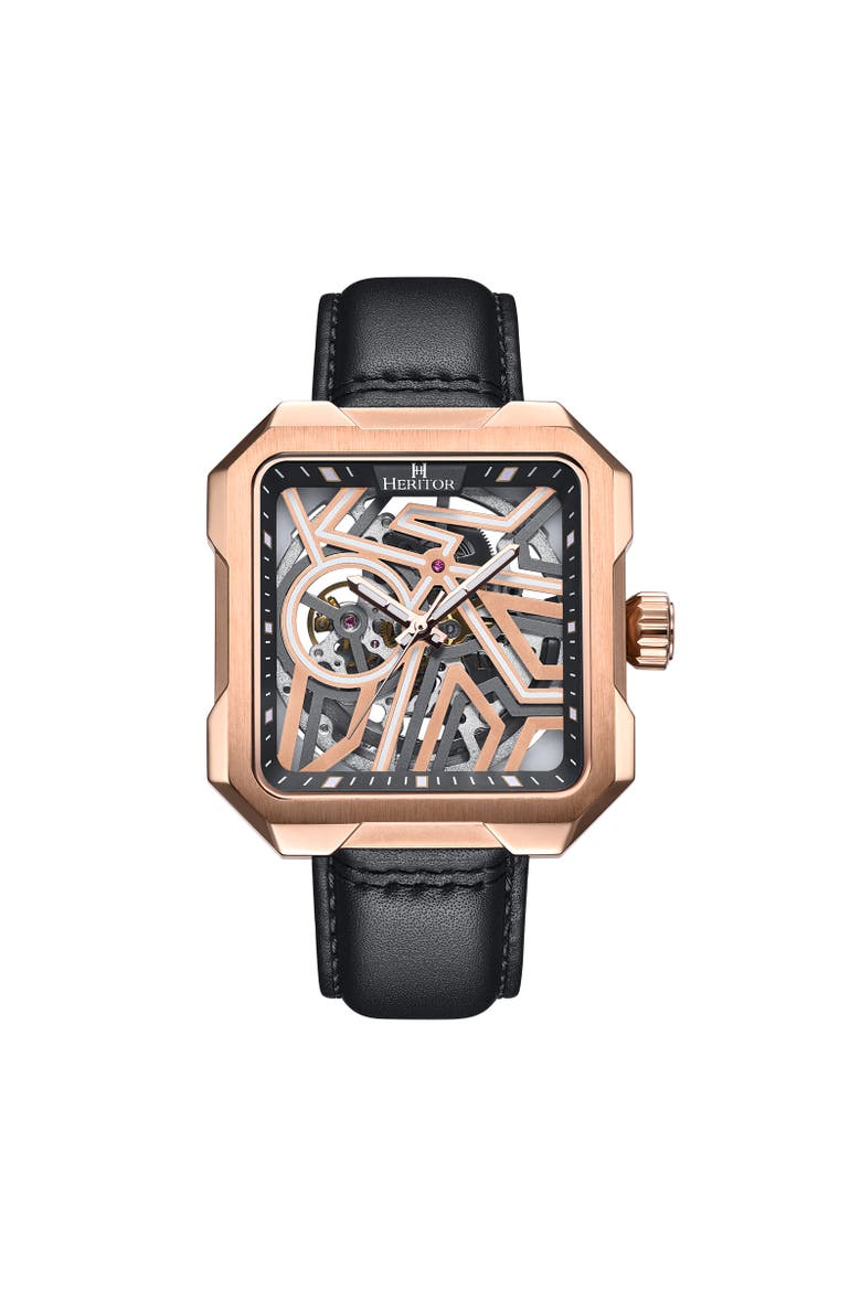 Campbell Leather-Band Skeleton Watch, Main, color, Rose Gold/Black