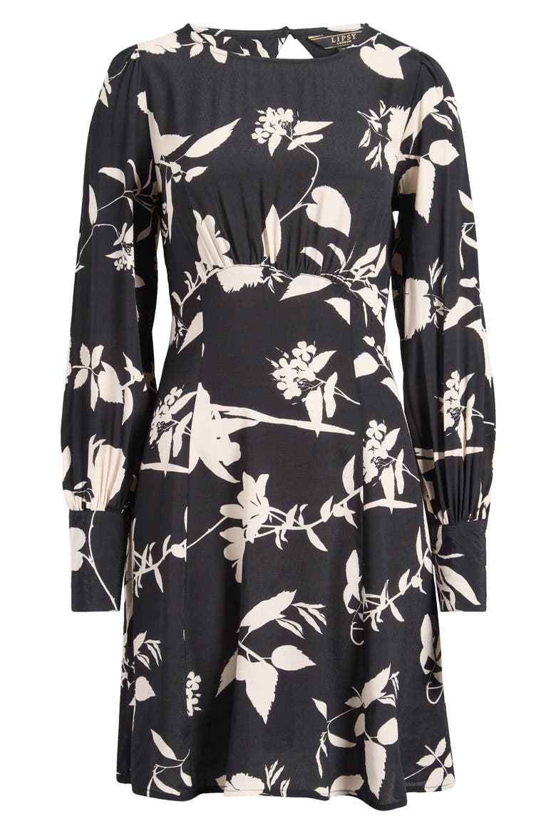 Floral Print Long Sleeve Minidress, Alternate, color, BLACK