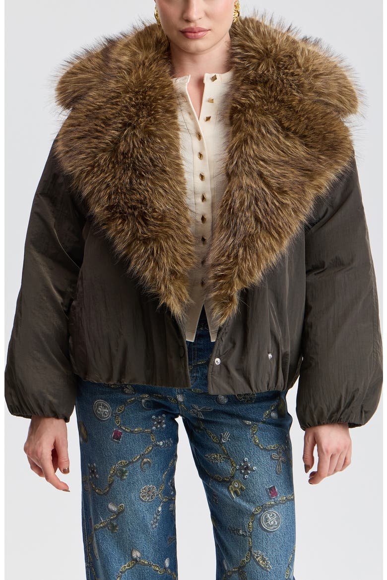 Faux Fur Collar Puffer Jacket, Alternate, color, ROSEMARY/ CAMEL