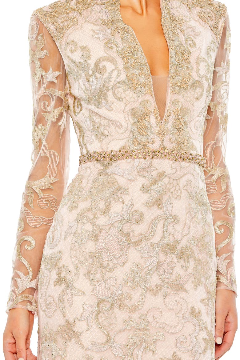 Beaded Queen Anne Lace Long Sleeve Trumpet Gown, Alternate, color, BLUSH