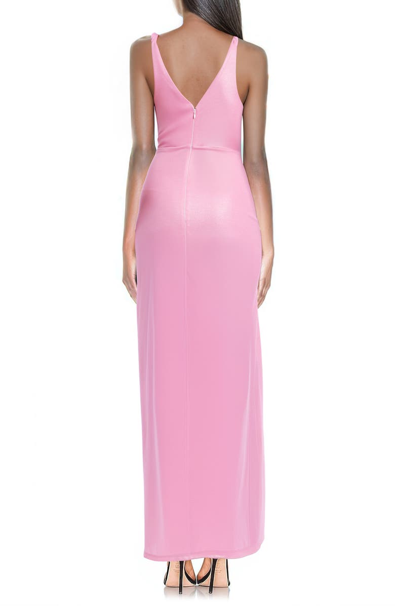 Jewel Badgley Mischka Twisted Shoulder Metallic Jersey Gown, Alternate, color, Pink