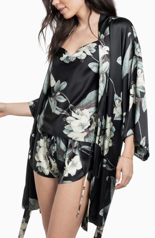 Midnight Bakery Floral Belted Satin Wrap In Black