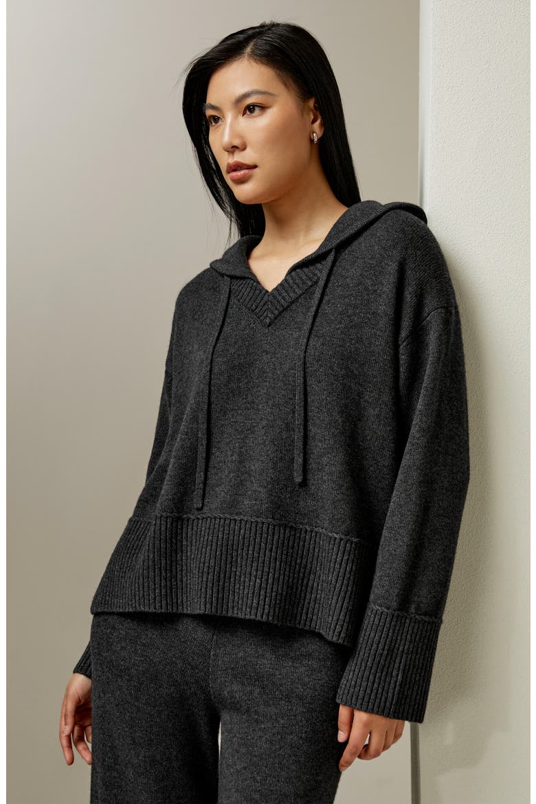 Women's V Neck Wool-Cashmere Blend Hoodie, Alternate, color, Dark Gray