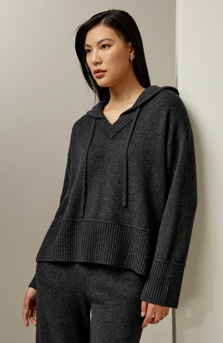 Lilysilk Women's V Neck Wool-Cashmere Blend Hoodie, Alternate, color, Dark Gray