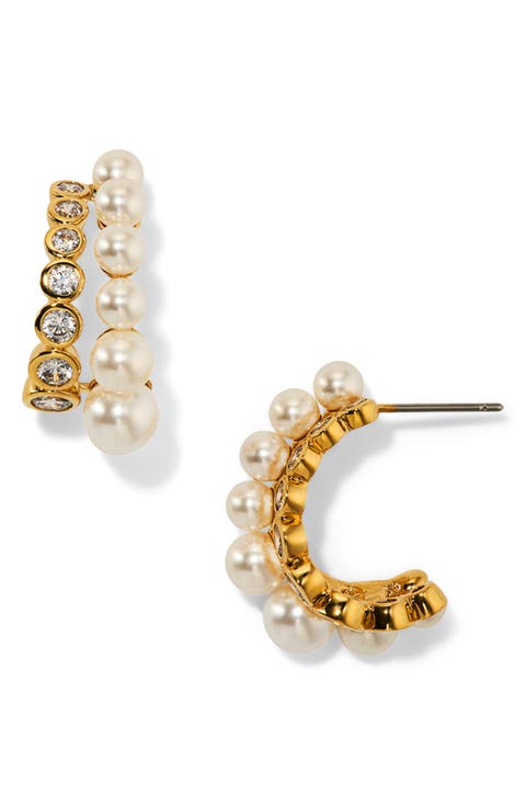 Imitation Pearl & Cubic Zirconia Double Row Hoop Earrings