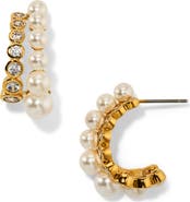 Nadri Imitation Pearl & Cubic Zirconia Double Row Hoop Earrings