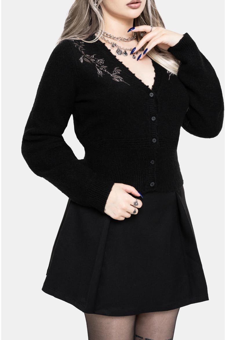 Rime Embroidered V-neck Fitted Cardigan, Alternate, color, Black