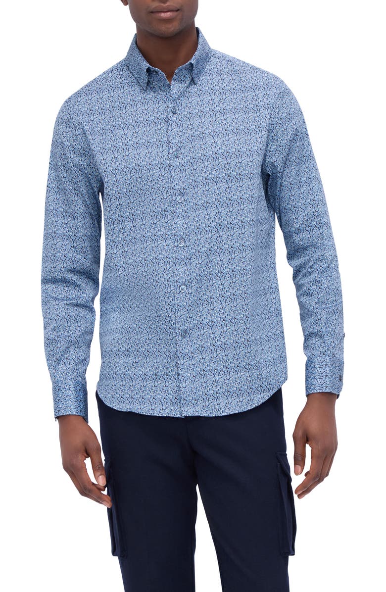Bugatchi Karl Shaped Fit Abstract Print Stretch Button-Up Shirt, Main, color, Cobalt