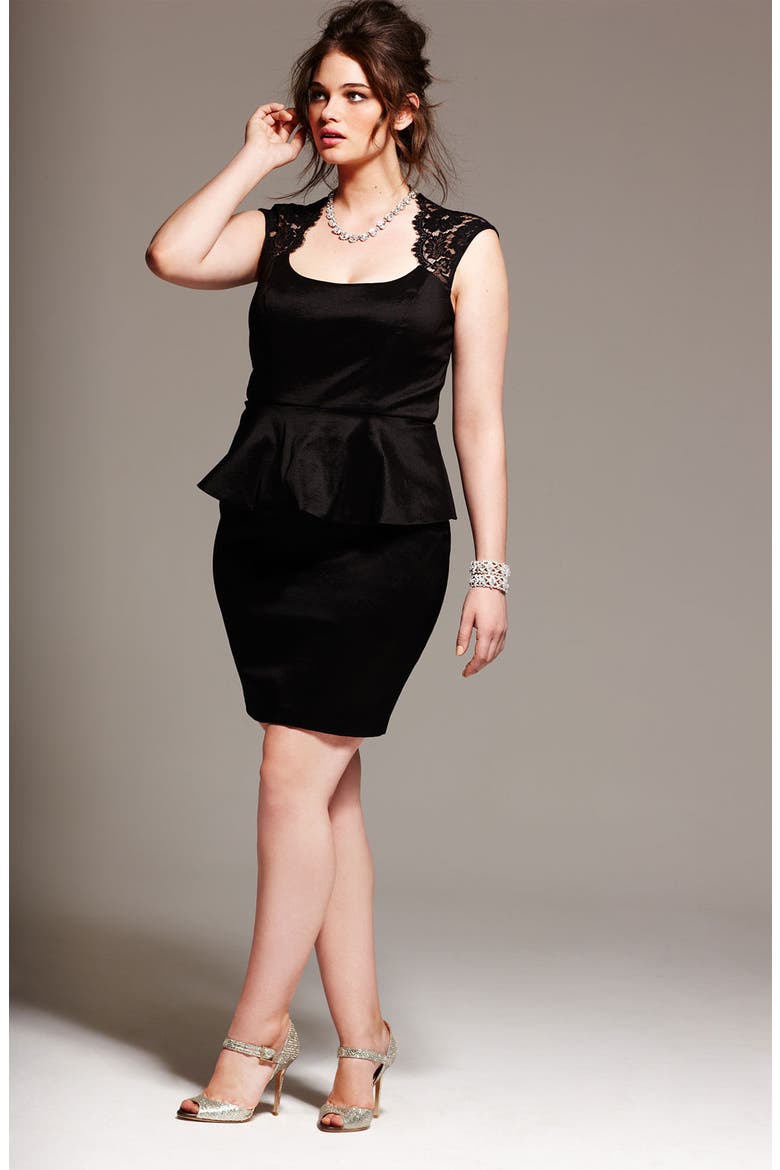 Xscape Lace Detail Peplum Dress, Alternate, color, BLACK