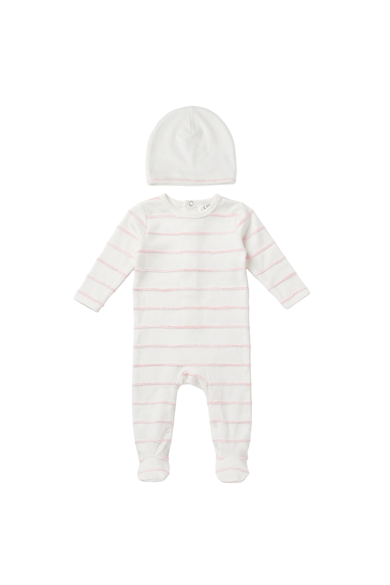 Raised Stripe Snap Placket Matching Hat Romper, Main, color, Pink