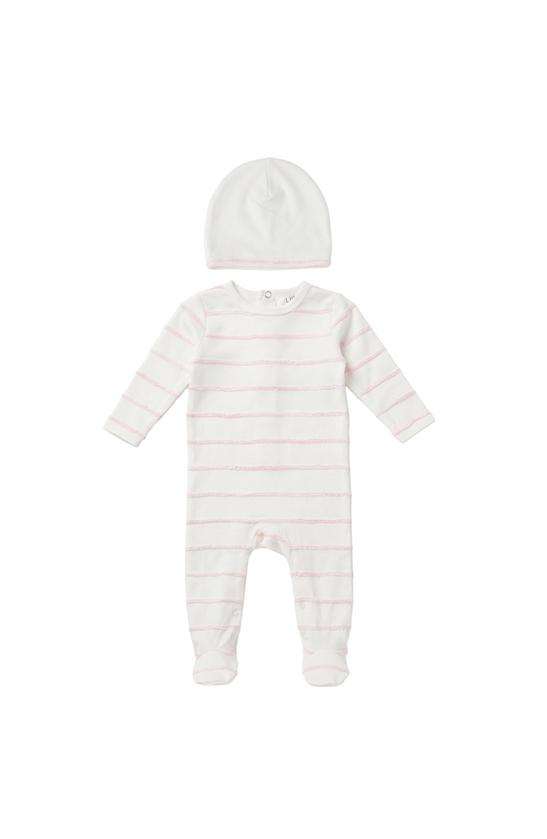 Lux Baby Raised Stripe Snap Placket Matching Hat Romper, Main, color, Pink