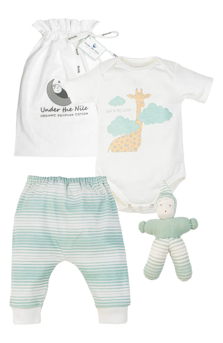Under the Nile 3-Piece Peacock Organic Cotton Bodysuit, Pants & Toy Set, Main, color,
