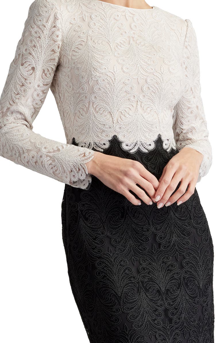 Tadashi Shoji Colorblock Long Sleeve Corded Lace Cocktail Dress, Alternate, color, Ivory/ Black
