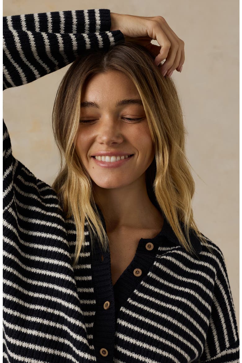 Miramar Linen & Organic Cotton Polo Sweater, Alternate, color, BLACK REEF STRIPE