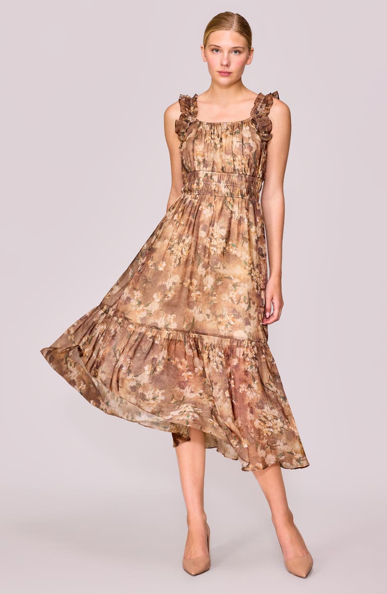 MELLODAY Floral Ruffle Tiered Midi Dress, Alternate, color, Beige Floral