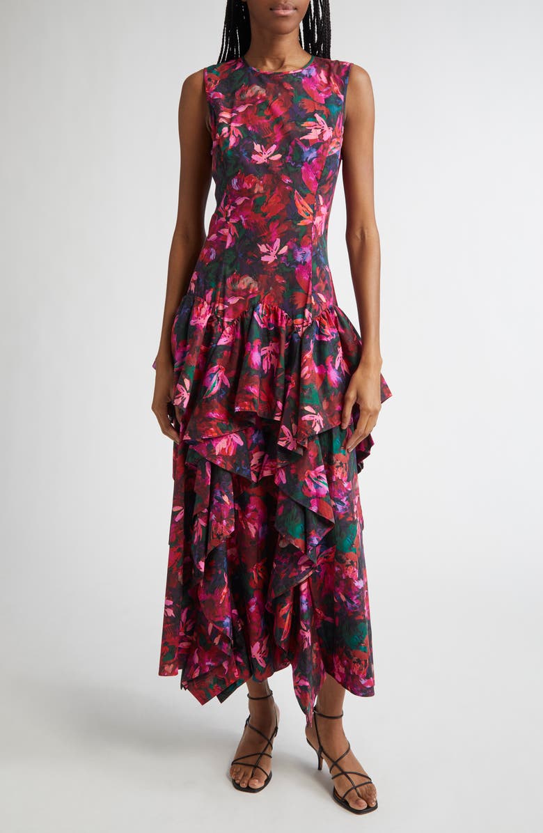 Ulla Johnson Mural Floral Ruffle Detail Cotton Dress, Main, color, Hibiscus