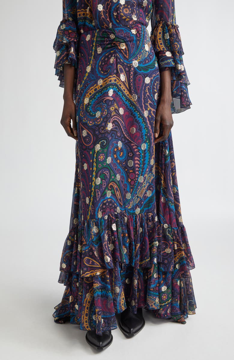 Etro Metallic Paisley Silk Maxi Skirt, Main, color, Printed Pink Base