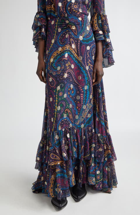 スカート ETRO PAISLEY PRINT SILK FLOUNCED SKIRT ETRO Ruffled paisley-print silk crepe de chine maxi skirt