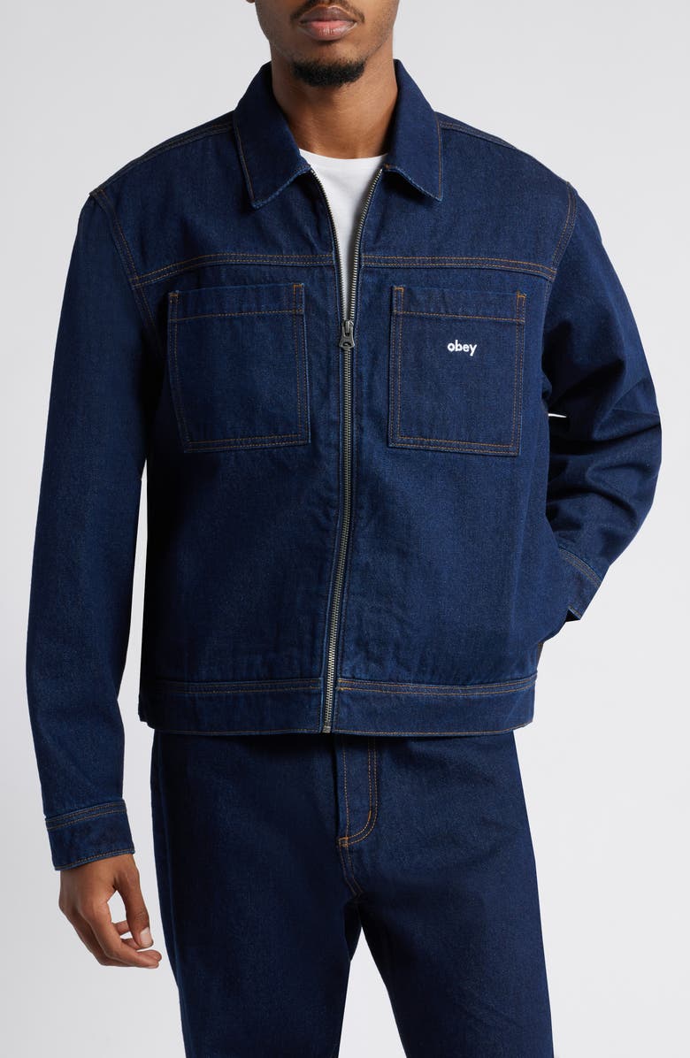Obey Hardwork Zip Up Denim Jacket, Alternate, color,