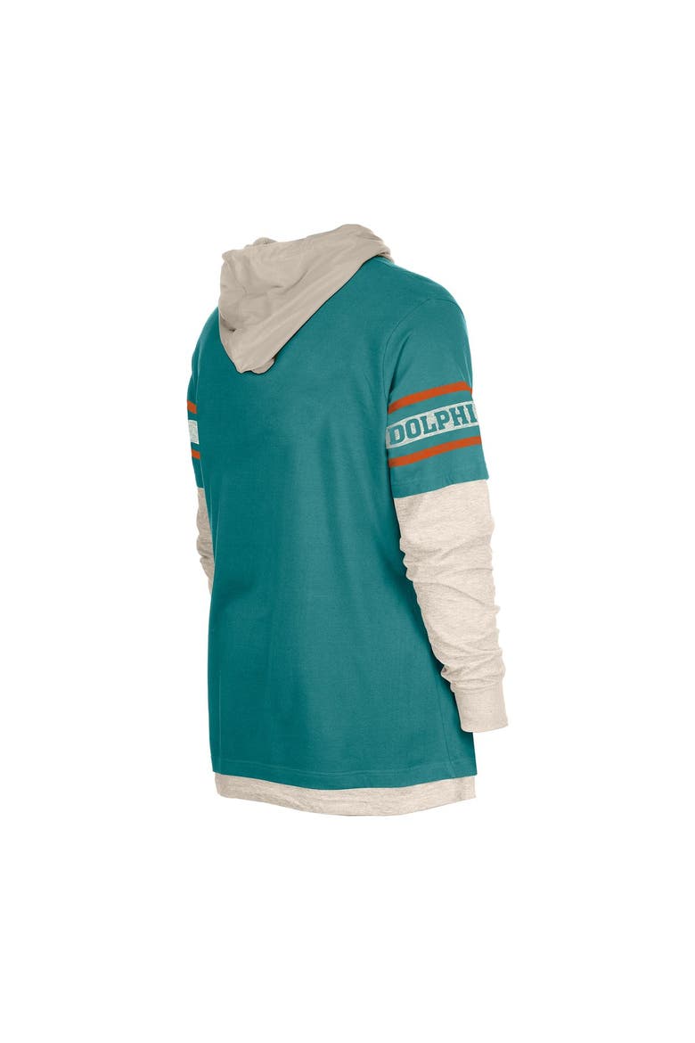 Men's New Era  Aqua Miami Dolphins Twofer Layered Long Sleeve Hoodie T-Shirt, Alternate, color, Aqua