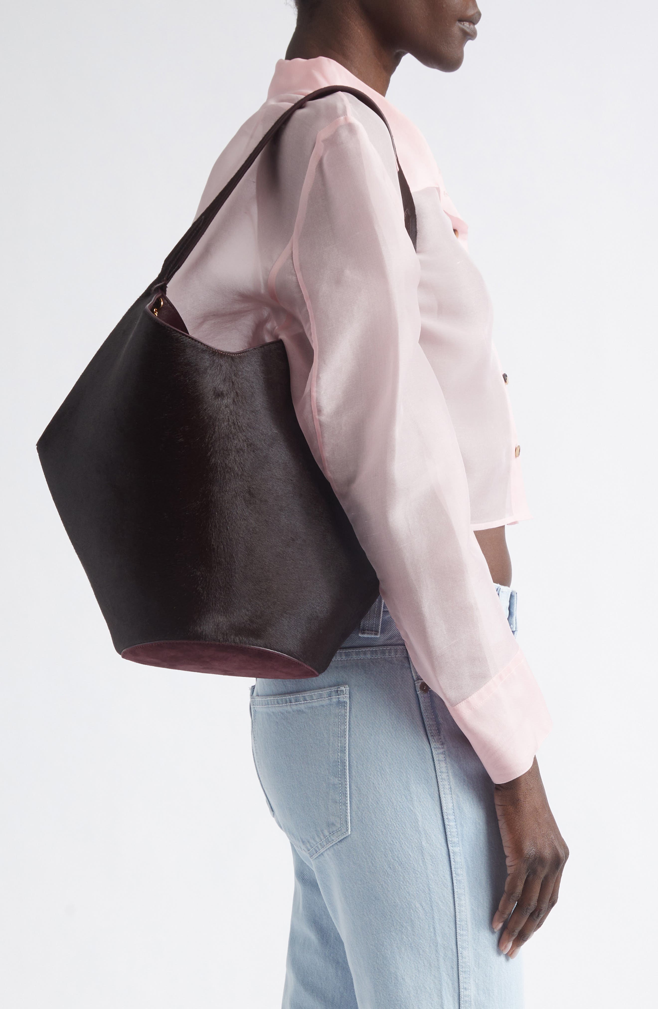 Small Lotus Suede & Genuine Calf Hair Bag, Alternate, color, ROUGE NOIR