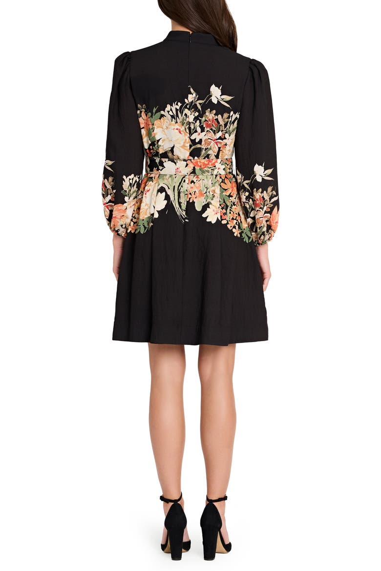 Border Belted Puff Shoulder Dress, Alternate, color, BLACK MULTI