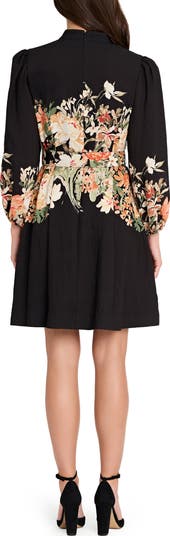 Border Belted Puff Shoulder Dress