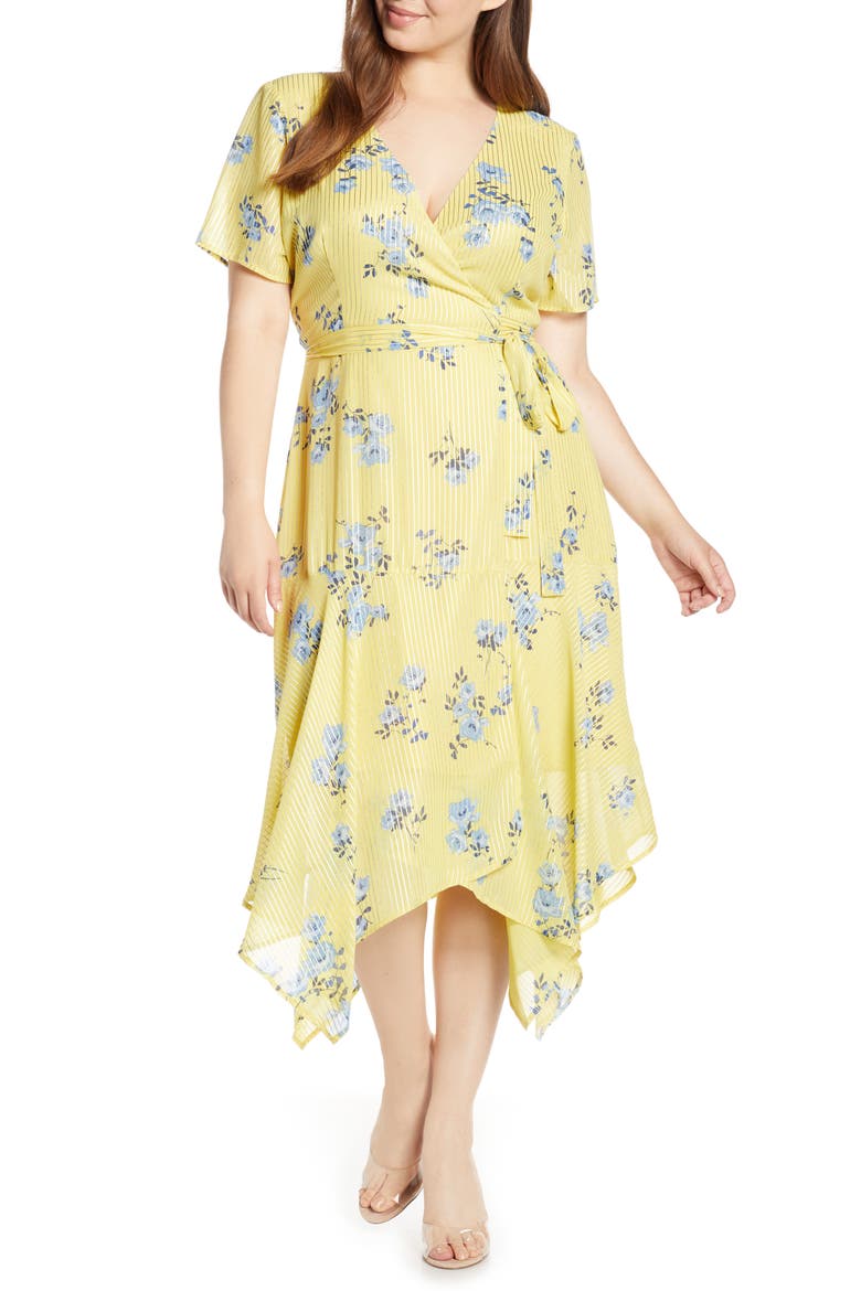 Handkerchief Hem Wrap Dress, Alternate, color, YELLOW FOIL STRIPE FLORAL