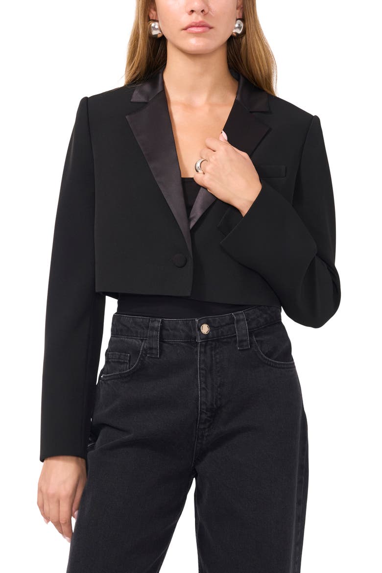 Satin Lapel Crop Tuxedo Blazer, Alternate, color, RICH BLACK