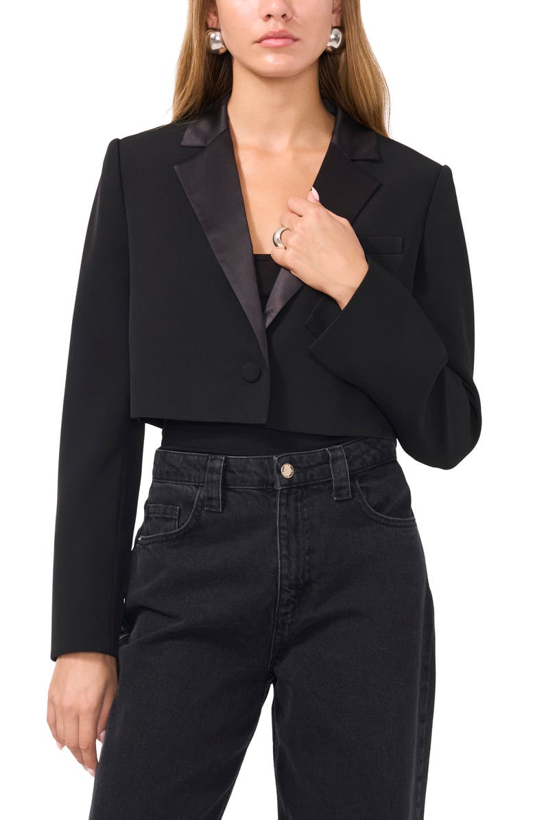 1.STATE Satin Lapel Crop Tuxedo Blazer, Alternate, color, Rich Black
