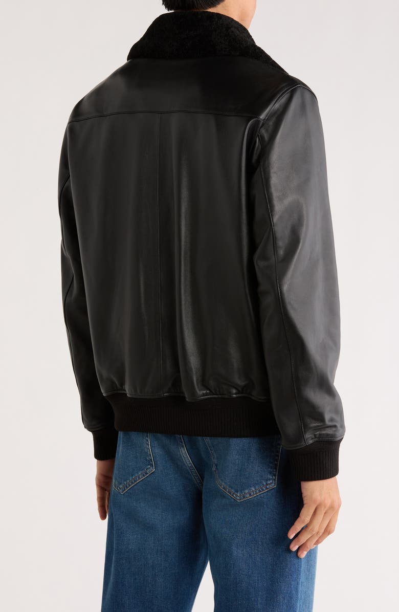 Bugatchi Genuine Shearling Collared Leather Aviator Jacket, Alternate, color, Black
