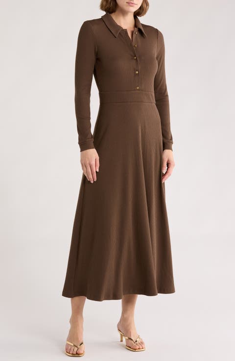 Raya Long Sleeve Rib Midi Dress