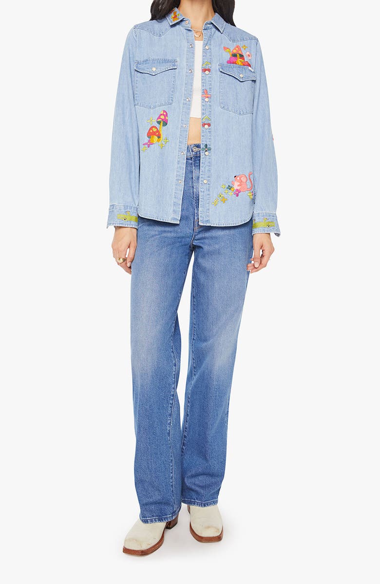 MOTHER The Honey Embroidered Denim Snap-Up Shirt, Alternate, color, Cant Find My Classhroom