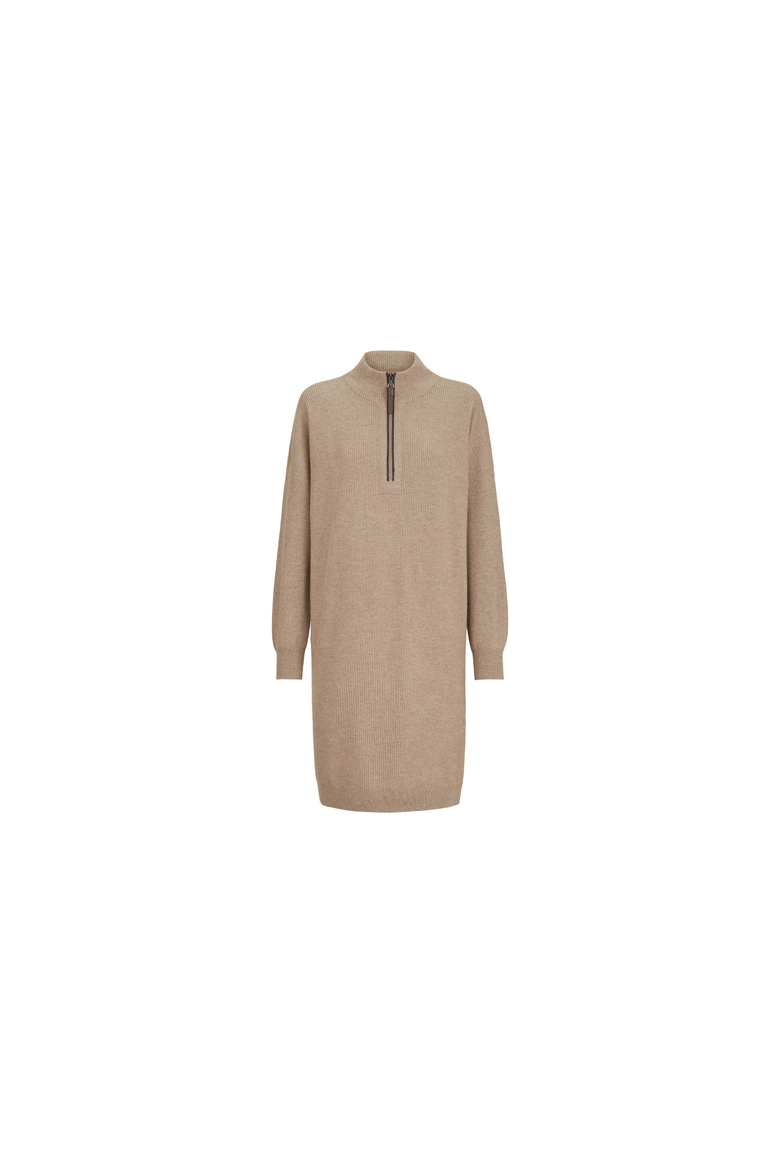Virgin wool, cashmere and silk rib knit dress with precious half zip, Alternate, color, Beige