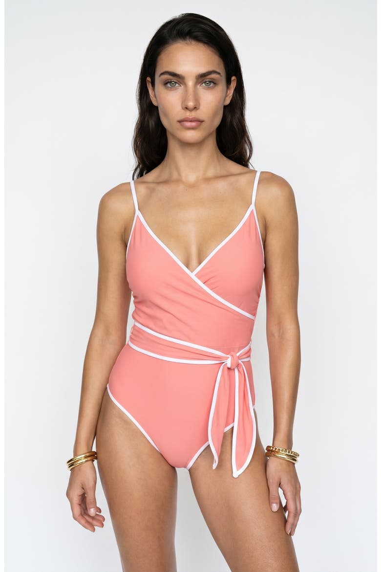 Jan V Neck Wrap One Piece Swimsuit, Main, color, Spiced Coral