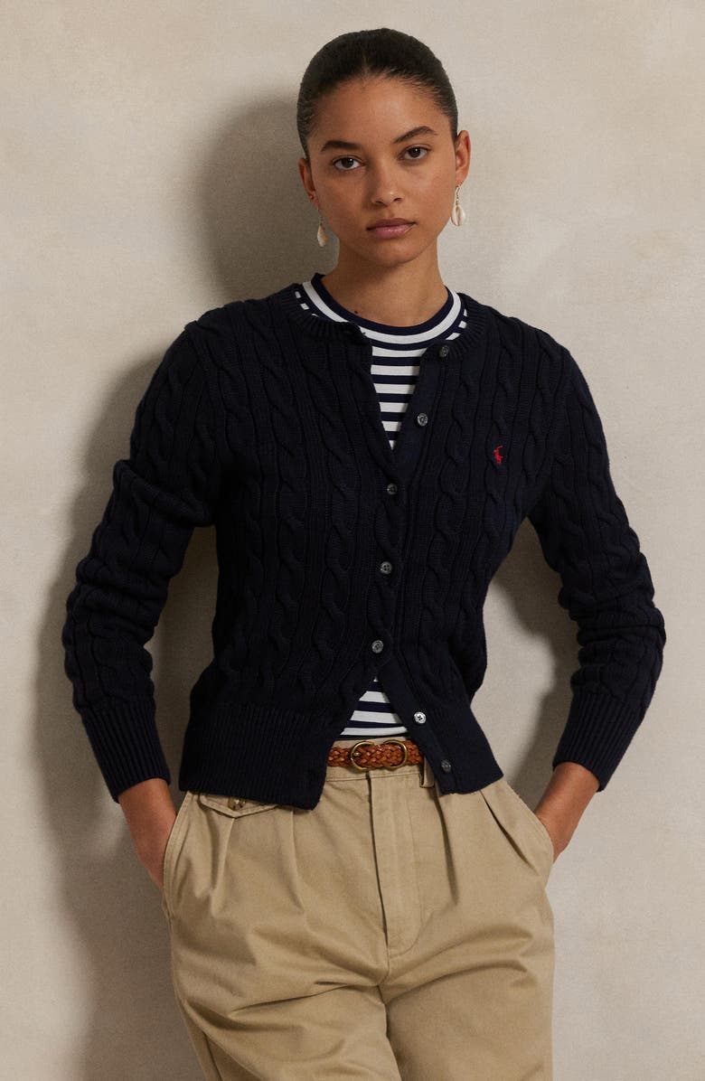 Polo Ralph Lauren Cable Knit Cotton Cardigan, Alternate, color, Hunter Navy