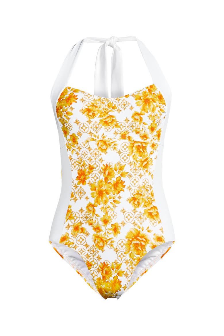 Halter Cut Out High Leg One Piece Swimsuit, Alternate, color, Yellow Mosaic Floral/White