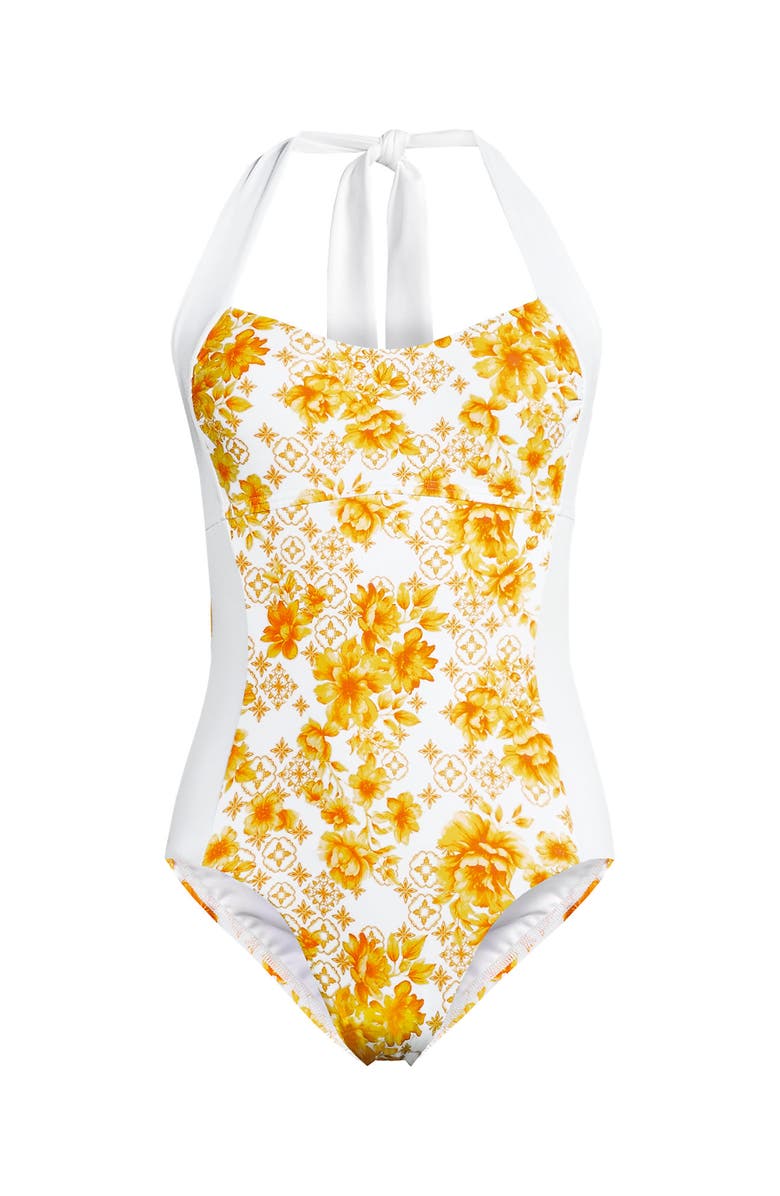 Lands' End Halter Cut Out High Leg One Piece Swimsuit, Alternate, color, Yellow Mosaic Floral/White