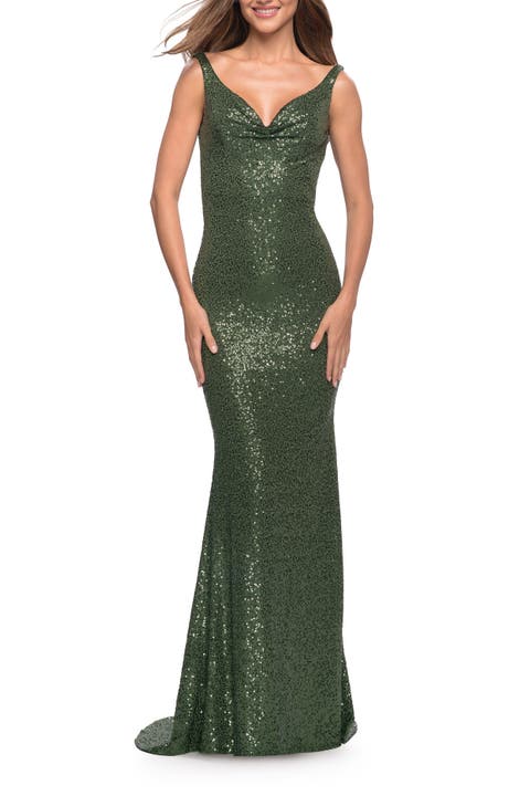 Long Stretch Sequin Gown with Low Back