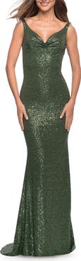 La Femme Long Stretch Sequin Gown with Low Back