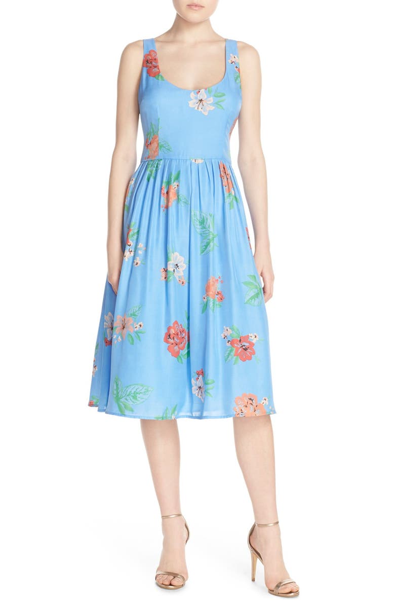 BB Dakota by Steve Madden BB Dakota 'Heleen' Floral Print Fit & Flare Midi Dress, Main, color, 