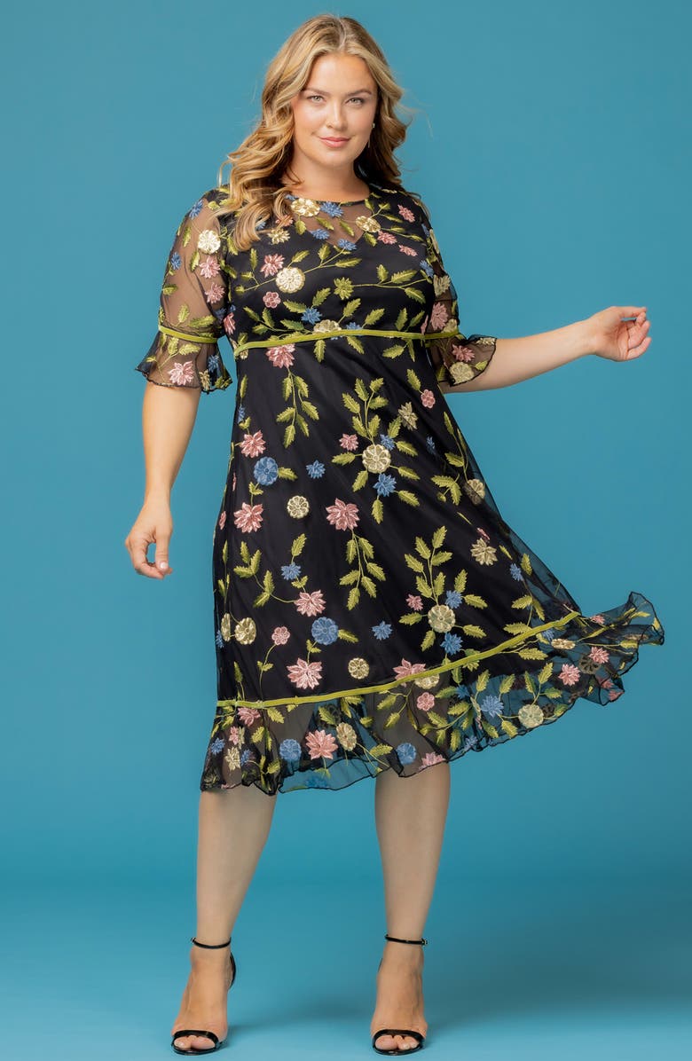 Kiyonna Wildflower Embroidered Dress, Alternate, color, Black Blossom Print