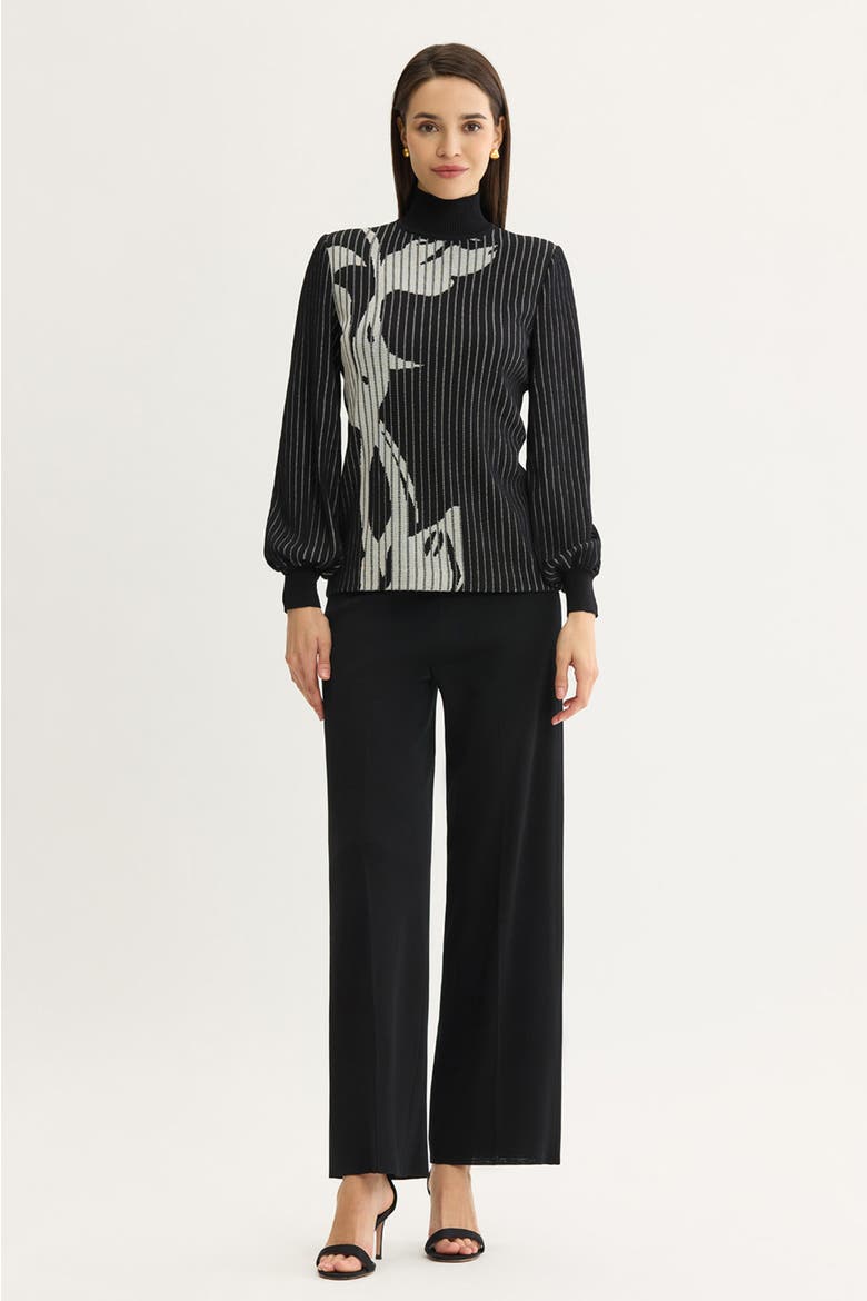 Mock Neck Floral Soft Ribbed Knit Top, Alternate, color, Black/Ivory