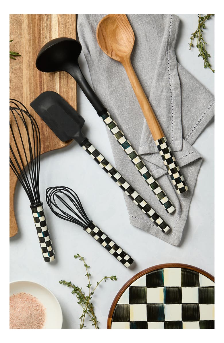 MACKENZIE CHILDS Courtly Check Enameled Steel & Acacia Wood Trivet, Alternate, color, Black/ White