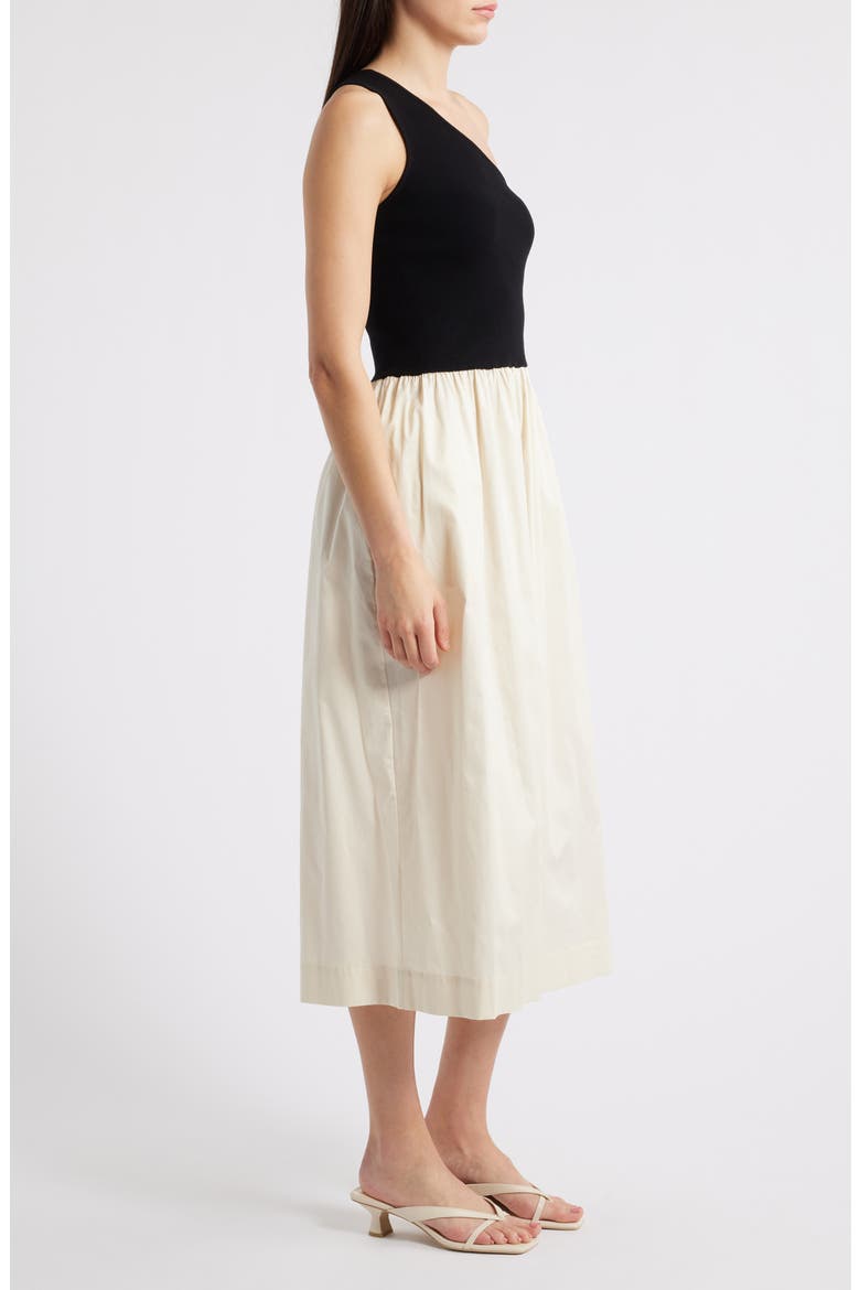 Anita One-Shoulder Colorblock Mixed Media Midi Dress, Alternate, color, BLACK IVORY