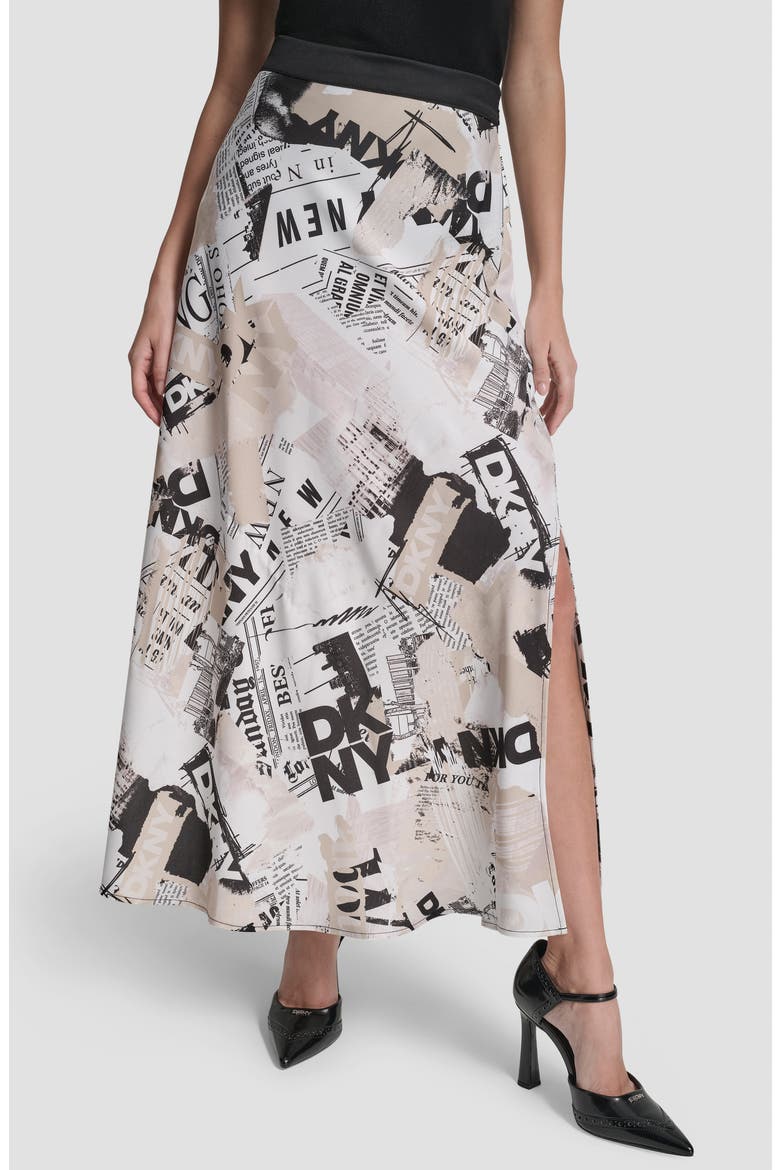 Newspaper Print Maxi Skirt, Main, color, DKNY HEADLINER