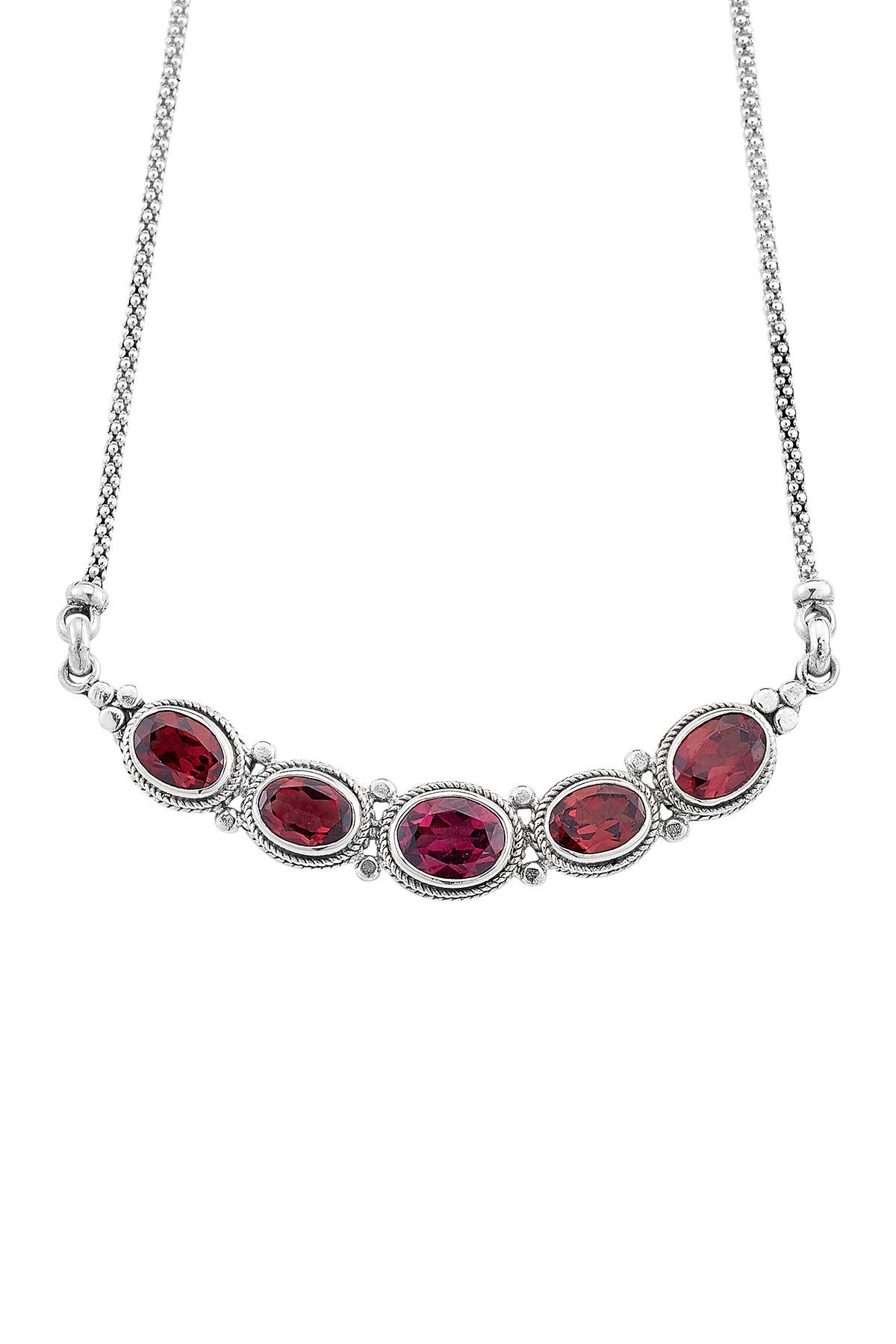 SAMUEL B. Sterling Silver 5 Station Bezel Set Garnet Pendant Necklace